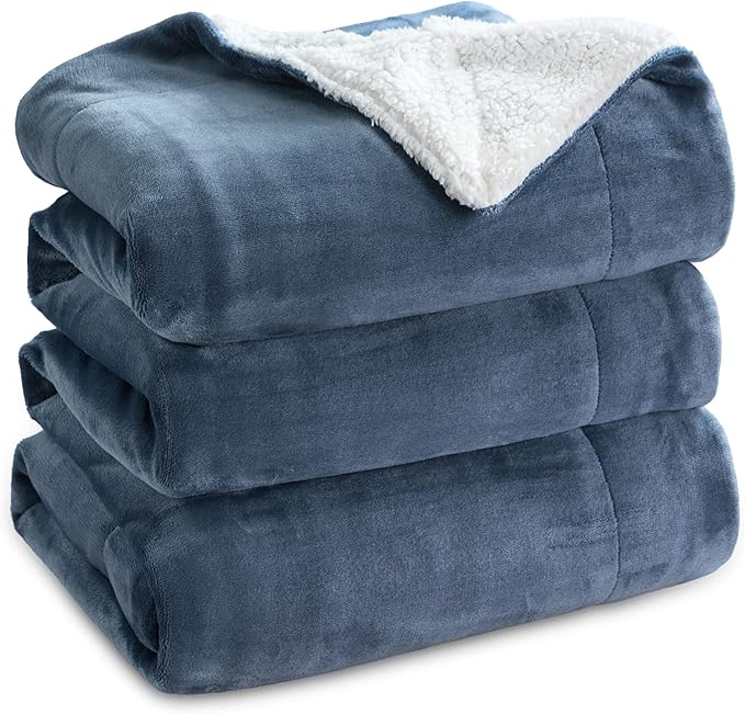 Bedsure GentleSoft Sherpa Fleece Blankets Queen Size for Bed - Thick and Warm Throw for Women and Men, Soft Fuzzy Plush Queen Blanket for Winter, Non-Heated, Slate Blue, 90x90 Inches