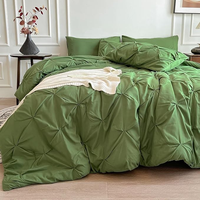 Maple&Stone California King Comforter Set, 7 Pieces Cal King Bed Set, Pinch Pleat Bed in a Bag Bedding Set with Comforter, Sheets, Pillowcases & Shams - Olive Green