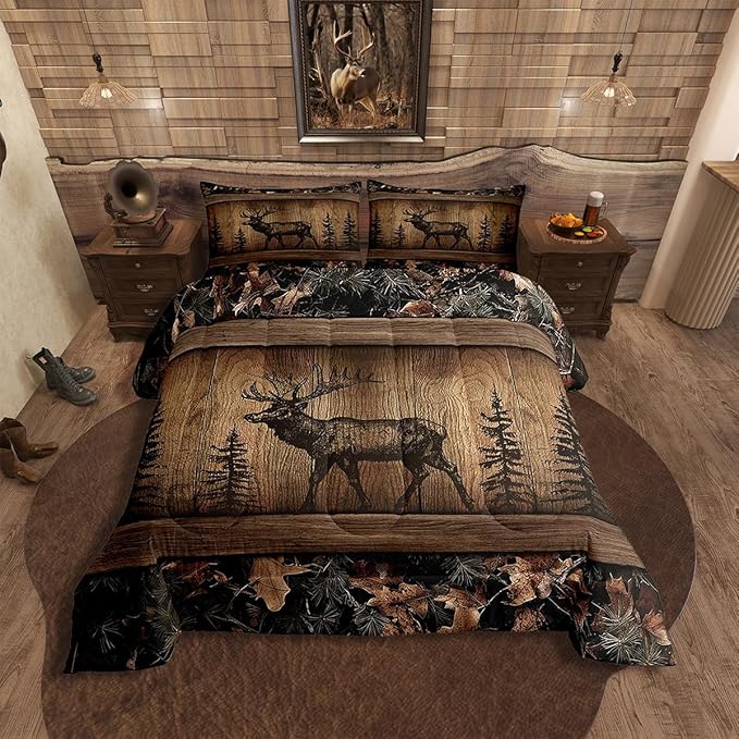 Erosebridal Camo Moose Bedding Comforter Sets Rustic Tree Camouflage Wildlife Bedding Set Full Woodland Hunting Animal Comforter Set for Kids Boys Men Farmhouse Wood Board Pine Tree Quilt Set