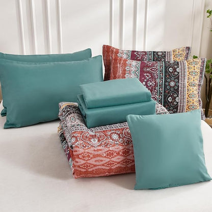 Cottolester Boho Full Comforter Set 8 Pieces,Orange and Green Bohemian Striped Bed in a Bag, Paisley Soft Microfiber Bedding Comforter Set