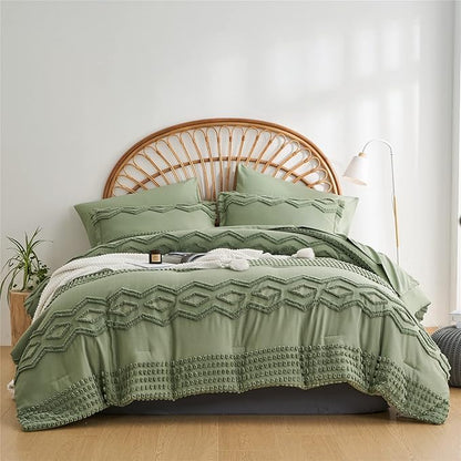 Sage Green Tufted Comforter Set Queen Size 7 Piece Bed in a Bag, Shabby Chic Boho Comforter and Sheet Set, Pom Pom Textured Bed Set, All Season Soft Microfiber Complete Bedding Set(Green,Queen)
