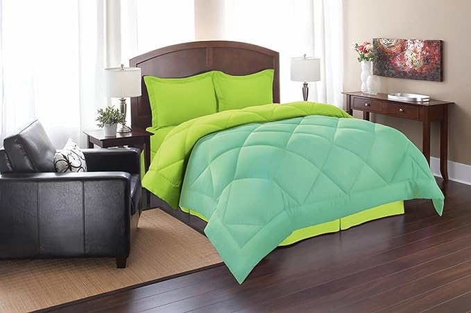 Elegant Comfort All Season Goose Down Alternative Reversible 3-Piece Comforter Set, King/Cal King, Aqua/Lime