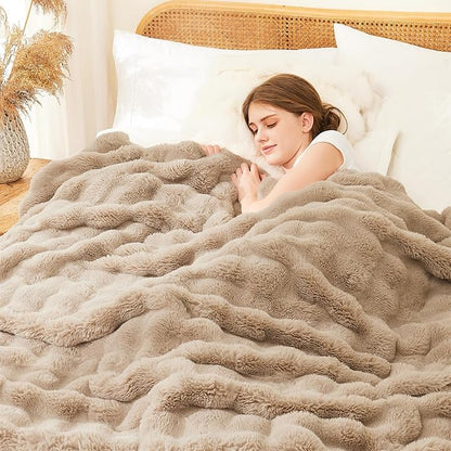 L'AGRATY Faux Fur Throw Blanket: 60" x 80" Luxury Soft Fluffy Rabbit Fur Blankets Twin for Couch Bed Sofa - Cozy Plush Bubble Blankets for Winter: Flannel Fleece Decorative Blanket(Light Linen)