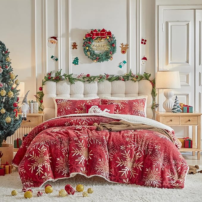 Christmas Sherpa Comforter Set Queen Size 3 Pieces Holiday Red Winter Bedding Microfiber Warm Fleece Comforter with 2 Pillow Shams - Thanksgiving New Year Gift Choice with Gradient Golden Snowflake