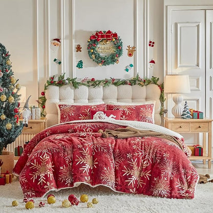 Christmas Sherpa Comforter Set Queen Size 3 Pieces Holiday Red Winter Bedding Microfiber Warm Fleece Comforter with 2 Pillow Shams - Thanksgiving New Year Gift Choice with Gradient Golden Snowflake