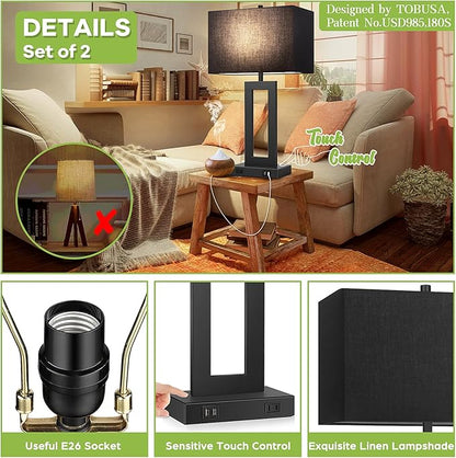 TOBUSA 28’’ Tall Black Lamps for Living Rooms Set of 2, Modern Touch Control Table Lamps for Bedroom, 3 Way Dimmable Bedside Lamps with 2 USB Ports&AC Outlet, High-end Decor Lamp for Home Office