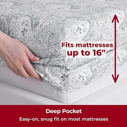Mellanni Queen Sheets Set - 4 PC Iconic Collection Bedding - Hotel Luxury, Extra Soft, Cooling Bed Sheets - Wrinkle, Fade, Stain Resistant (Queen, Paisley Gray)