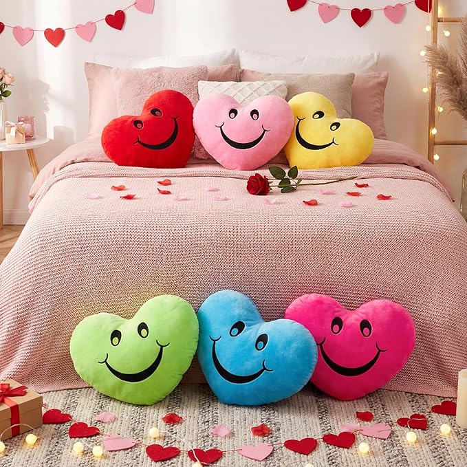 Novabright 6 Pcs Valentines Day Heart Pillows 12", Love Heart Shaped Pillow Plush Throw Pillow, Cute Colourful Pillows for Gifts Valentines Day Living Room Bedroom Decor