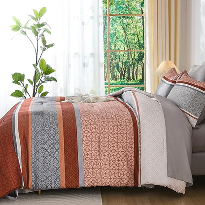 WONGS BEDDING 7 Pieces Comforter Set Queen Size, Burnt Orange Striped Bed in a Bag Comforter and Sheet Set, Boho Soft Lightweight Micorfiber Bedding Set for All Season (90"×90")