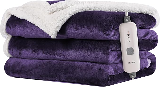 Electric Heated Blanket 72"x84" Full Size Flannel & Sherpa - 4 Heat Settings & 10H Auto Shut Off for Safe Overnight Use, Fast Heating, Machine Washable for Bed, Couch, Office - Purple