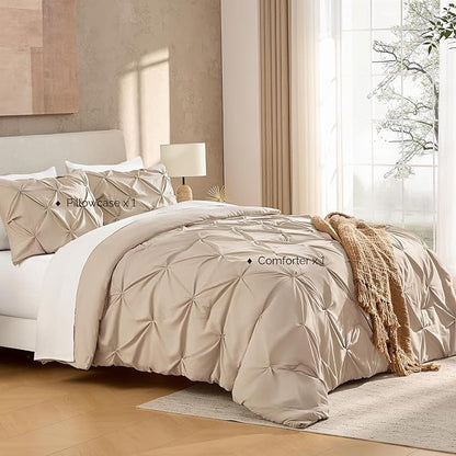 Andency Wheat Comforter Twin(66x90Inch), 2 Pieces(1 Pintuck Comforter, 1 Pillowcase) Microfiber Pinch Pleat Comforter Set Twin Size, Lightweight and Soft All Season Bedding Comforter Sets