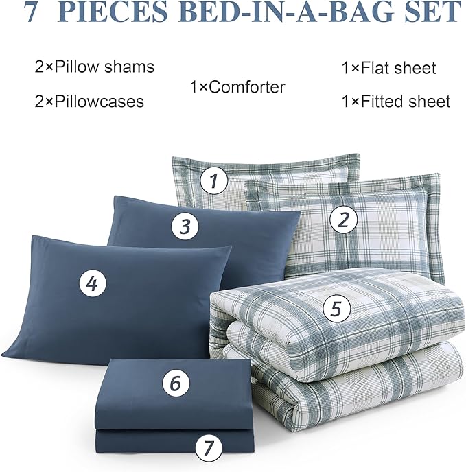 MaiRêve Plaid Full Comforter Sets, Blue Grey Grid Farmhouse Bedding Set Bed in A Bag, Classic Checkered Comforter Sets with Fitted & Flat Sheet, Pillowcases & Shams(Blue Grey, 80"x90")