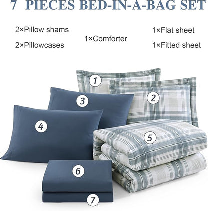 MaiRêve Plaid Full Comforter Sets, Blue Grey Grid Farmhouse Bedding Set Bed in A Bag, Classic Checkered Comforter Sets with Fitted & Flat Sheet, Pillowcases & Shams(Blue Grey, 80"x90")