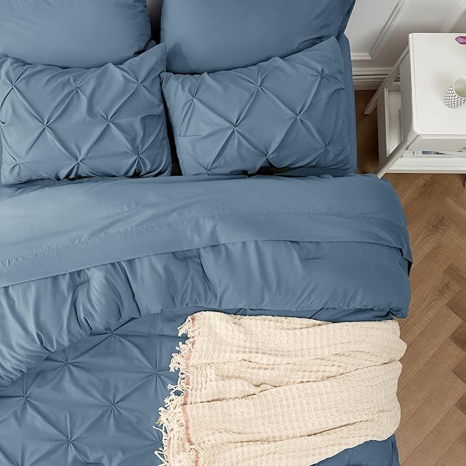 Bedsure King Size Comforter Set Mineral Blue - Bed in a Bag Bedding Set 7 Pieces, GentleSoft™ Pintuck Bed Set Gift for Family, Pinch Pleat Mineral Blue Comforter with Sheets, Pillowcases & Shams