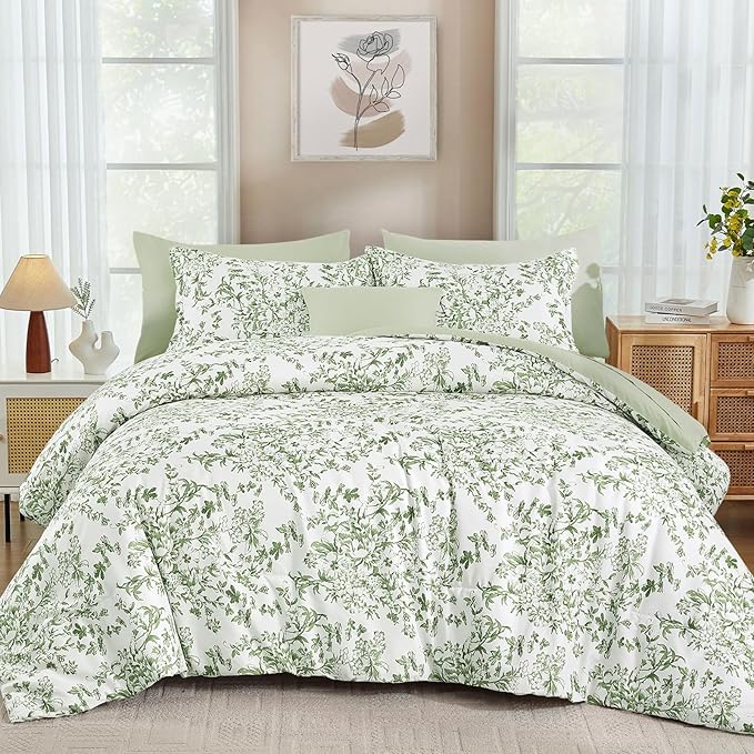 WONGS BEDDING 8 Pieces Queen Size Comforter Set Green, Sage Green Floral Bed in a Bag Comforter Sets, Soft Reversible Botanical Flowers Bedding Sets for All Season (90"x90")