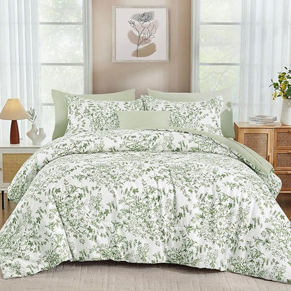 WONGS BEDDING 8 Pieces Queen Size Comforter Set Green, Sage Green Floral Bed in a Bag Comforter Sets, Soft Reversible Botanical Flowers Bedding Sets for All Season (90"x90")