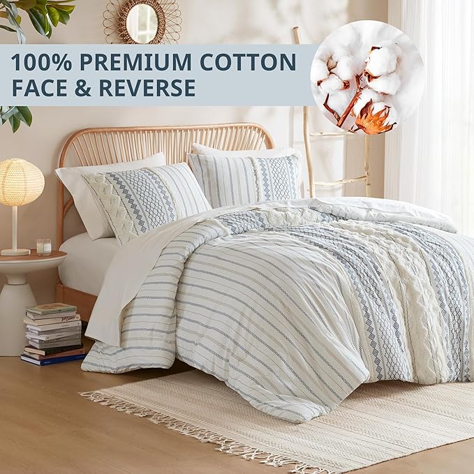 Ink+Ivy Comforter for King Size Bed, Chenille Tufted, Breathable Cotton Comforter Set King, All Season Modern Boho Comforter with Farmhouse Bedding Flare, 2 Matching Shams, King White/Navy 3 Piece