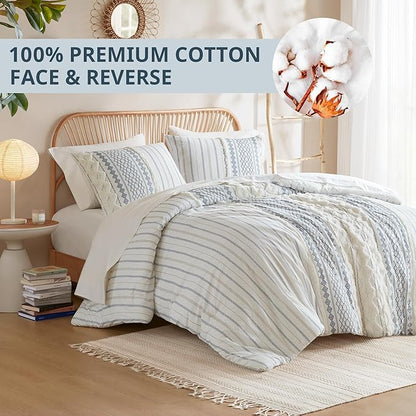 Ink+Ivy Comforter for King Size Bed, Chenille Tufted, Breathable Cotton Comforter Set King, All Season Modern Boho Comforter with Farmhouse Bedding Flare, 2 Matching Shams, King White/Navy 3 Piece
