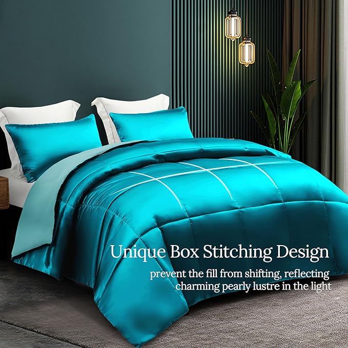 Whale Flotilla 2-Piece Reversible Silky Soft Twin Size Comforter Bedding Set, Luxurious Satin Comforters with Satin Pillowcase, Lightweight Duvet for All Seasons, Turquoise