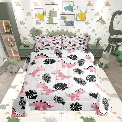 Cartoon Pink Dinosaur Twin Size Comforter Set,Watercolor Cute Animals Duvet Set Soft Bed Collection,Palm Leaf Tropical Plants Bedding Comforter for Boys Girls Bedroom,2 Pcs