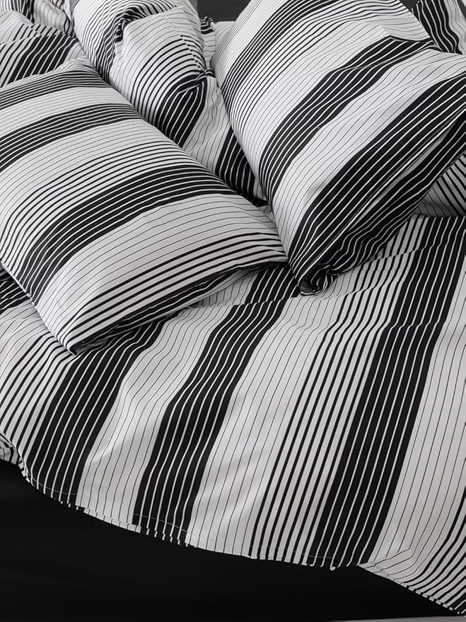 CLOTHKNOW Striped Twin/Twin XL Comforter Sets 3Pcs Black and White Bedding Comforter Sets Cotton Comforter All Season Farmhosue Comforter with 2 Pillowcases