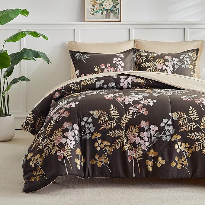 AIKASY Bed in a Bag 7 Pieces Queen Size - Floral Print - Soft Microfiber, Reversible Bed Comforter Set (1 Comforter, 2 Pillow Shams, 1 Flat Sheet, 1 Fitted Sheet, 2 Pillowcases)（Black, Queen）