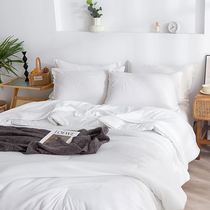 COTTEBED Ultra-Soft Queen Bed Set with Comforter and Sheets - 7 Pieces Bed in a Bag Lightweight All Season, Aesthetic Boho Hotel Polycotton Queen Down Comforter and Bedding Sheet Set Pillowcase White