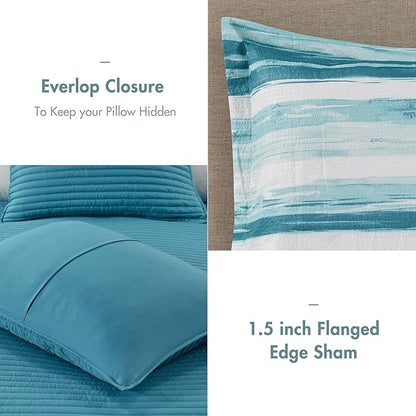 Madison Park Marina Comforter Quilt Combo Set - Modern Luxury Design, All Season Down Alternative Bedding, Matching Shams, Decorative Pillows, Full/Queen(90"x90"), Aqua 8 Piece