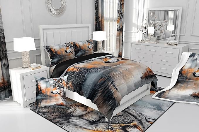 Erosebridal Wolf Full Bedding Set,Hunting Wolf Comforter Set for Kids Adults Room Decor,Wildlife Safari Bed Set Rustic Mountain Scene Theme Bedding Comforter Sets,2 Pillowcases