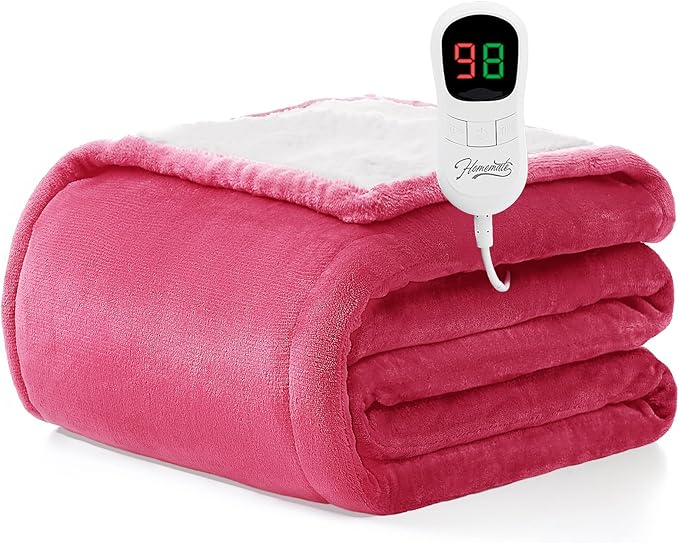 Homemate Heated Blanket Electric Throw - 50"x60" Heating Blanket Throw 1/2/4/6/8 Hours Auto-Off 10 Heat Level Over-Heat Protection Flannel Sherpa ETL Certification