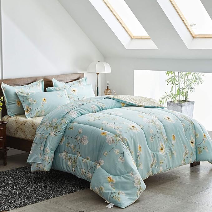 Joyreap 7 Piece Bed in a Bag Queen, Aqua Floral Elegant Design, Smooth Soft Microfiber Comforter Set (1 Comforter, 2 Pillow Shams, 1 Flat Sheet, 1 Fitted Sheet, 2 Pillowcases)