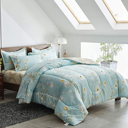 Joyreap 7 Piece Bed in a Bag Queen, Aqua Floral Elegant Design, Smooth Soft Microfiber Comforter Set (1 Comforter, 2 Pillow Shams, 1 Flat Sheet, 1 Fitted Sheet, 2 Pillowcases)