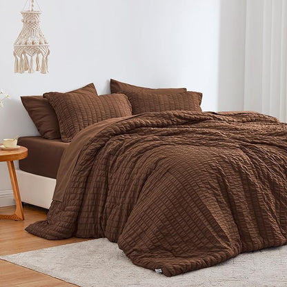Love's cabin Seersucker Brown Twin Comforter Set, 5-Piece All Season Lightweight Bed in a Bag Bedding Set with Comforter, Flat Sheet, Fitted Sheet, Pillowcase and Sham | Soft, Breathable, Lightweight