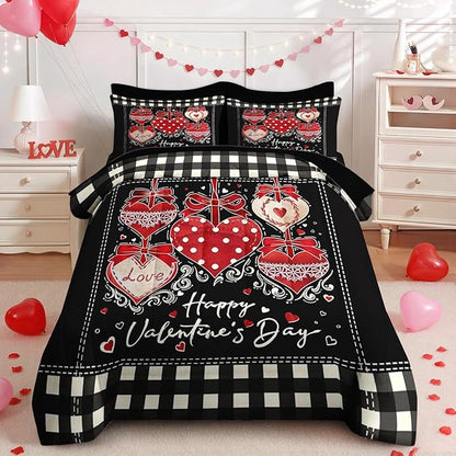Nesker 7 Pcs Valentine's Day Comforter Set Queen Size, Polka Dots Heart Bedding Set for Kids and Adults, Sweet Love Romantic Sheets Bed Sheet Sets with Fitted Sheet 2 Pillowcases & 2 Shams