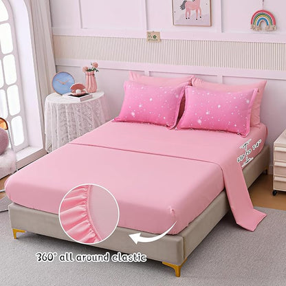 Drucon Pink Glitter Comforter Set Queen Size for Teen Girls, Ombre Galaxy Bedding Set 7 Pieces Bed in A Bag (1 Comforter, 1 Flat Sheet, 1 Fitted Sheet, 2 Pillow Shams, 2 Pillowcases)
