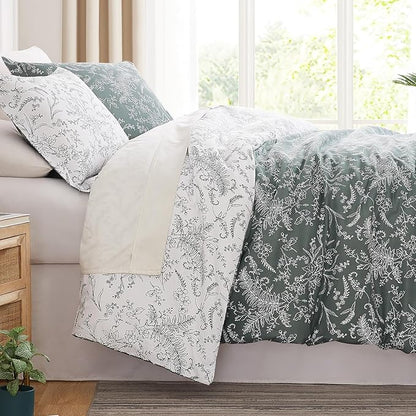 Southshore Fine Living, Inc. Comforter Set Queen Size, Hotel Quality Bedding, Floral Bed Spread with Matching Shams, Reversible Print is 2 Colors in 1, Fits Queen & Full Beds, Winter Brush Green/White