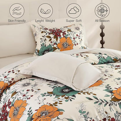 Xruibed Floral Comforter Set King Size 7 Pieces, Beige Orange Bed in a Bag Flower Comforter Set with Sheet, Pillowcases, Pillowshams, Soft Microfiber Bedding Set for All Season (King 104''x90'')