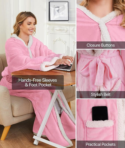 SIHOHAN Heated Throw Blanket Wearable Blanket Throw with Foot Pockets, Sleeves Flannel & Sherpa Wearable Blanket 8 Heating Levels & Timer Snuggle Blankets for Home Office-Electric Blanket 50*60" Pink