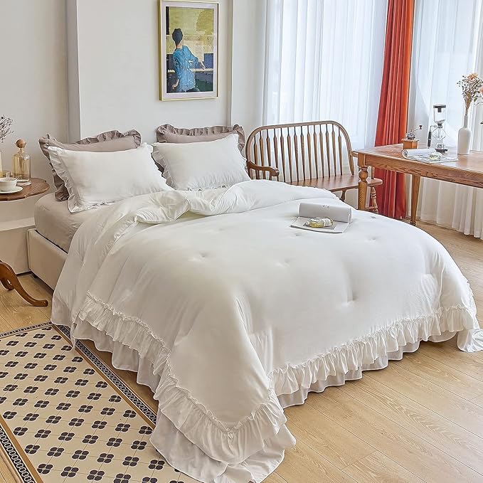 AIKASY White Comforters King Size Set, Vintage Boho Chic Farmhouse Bedding Sets Shabby Ruffle Queen Bed Comforter Bedding 3PCS（1 Comforter and 2 Pillowcases）