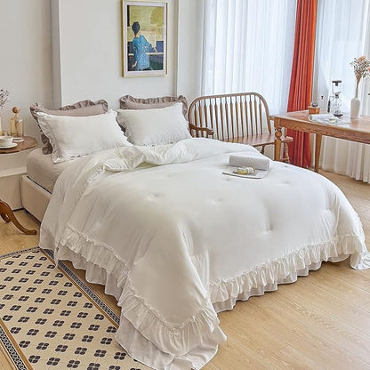 AIKASY White Comforters Queen Size Set, Vintage Boho Chic Farmhouse Bedding Sets Shabby Ruffle Queen Bed Comforter Bedding 3PCS（1 Comforter and 2 Pillowcases）
