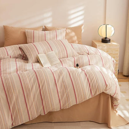 HighBuy Queen Comforter Set Blush Brown Striped Bedding Set 3 Piece,Vintage Stripes Pattern Printed Comforter Fluffy with 2 Pillowcases,Breathable Soft All Season Boho Chic Comforter Sets