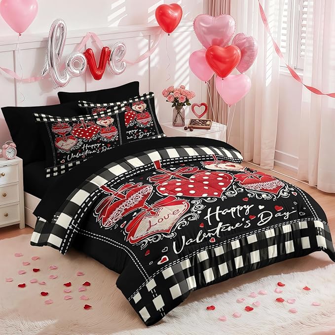 Nesker 7 Pcs Valentine's Day Comforter Set Queen Size, Polka Dots Heart Bedding Set for Kids and Adults, Sweet Love Romantic Sheets Bed Sheet Sets with Fitted Sheet 2 Pillowcases & 2 Shams