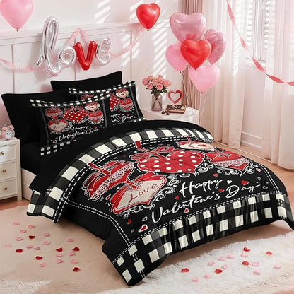 Nesker 7 Pcs Valentine's Day Comforter Set Queen Size, Polka Dots Heart Bedding Set for Kids and Adults, Sweet Love Romantic Sheets Bed Sheet Sets with Fitted Sheet 2 Pillowcases & 2 Shams