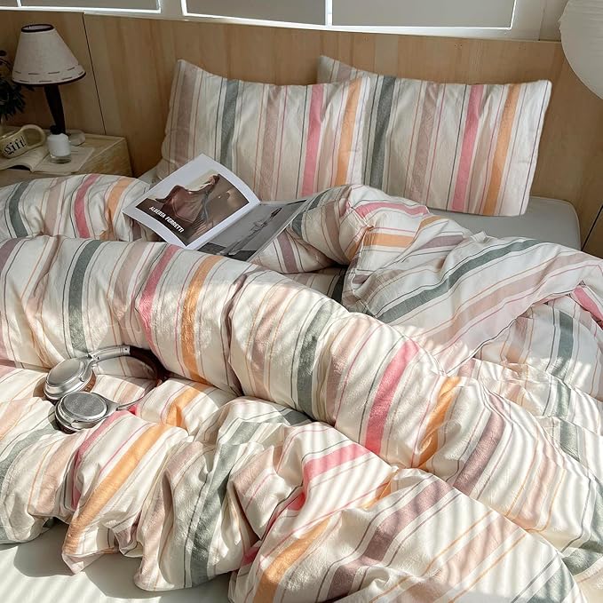 mixinni Pastel Rainbow Stripes Comforter Set King 3 Piece - Striped Bedding Set with Fluffy Comforter & 2 Pillowcases, Lightweight All Seasons, Sweet Boho Aesthetic for Girls Women Teens