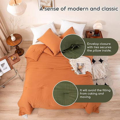 Burnt Orange Full Size Comforter Set, 3 Pieces Solid Terracotta Rust Breathable Fluffy Ultra Soft Polycotton Quilted Bedding Down Blanket Comforter for All Season (1 Conforter 2 Pillow Case)