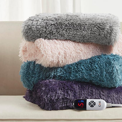 Codi Fuzzy Shaggy Fur Electric Blanket Throw | Teal 50x60 | Super Soft Couch Heated Throws | 6 Heating Levels & 4 Time Settings with Auto Shut Off, 6ft Power Cord | Washable