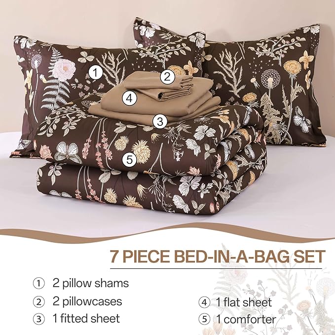 Yiran Brown Comforter Set King Size, 7 Piece Floral Comforter Bedding Set, Farmhouse Bed in a Bag, Soft Microfiber Complete Bedding Set with Sheets for All Season