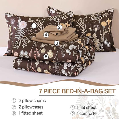 Yiran Brown Comforter Set King Size, 7 Piece Floral Comforter Bedding Set, Farmhouse Bed in a Bag, Soft Microfiber Complete Bedding Set with Sheets for All Season