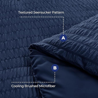 HYMOKEGE Navy Blue Queen Comforter Set Seersucker 7 Pieces, All Season Luxury Bed in a Bag for Bedroom, Bedding Set with Comforters, Sheets, Pillowcases & Shams