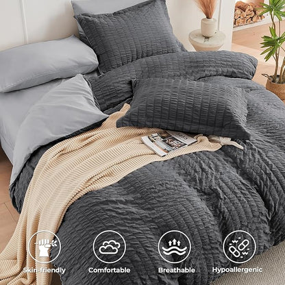 HYMOKEGE Dark Grey/Light Grey Queen Comforter Set Seersucker 7 Pieces, All Season Luxury Bed in a Bag Queen for Bedroom, Bedding Set with Comforter, Sheets, Pillowcases & Shams